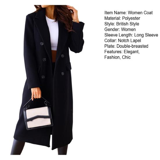Women's Long Wool Blend Coat Double-Breasted Trench Coat Casual Notch Lapel Peacoat Fall Winter Overcoat