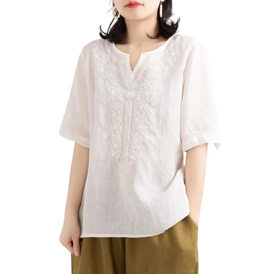 Women Tops V-Neck Short Sleeve Embroidery Flower Pattern Pullover Tops Solid Color Loose Fit Casual T-shirt Daily Wear