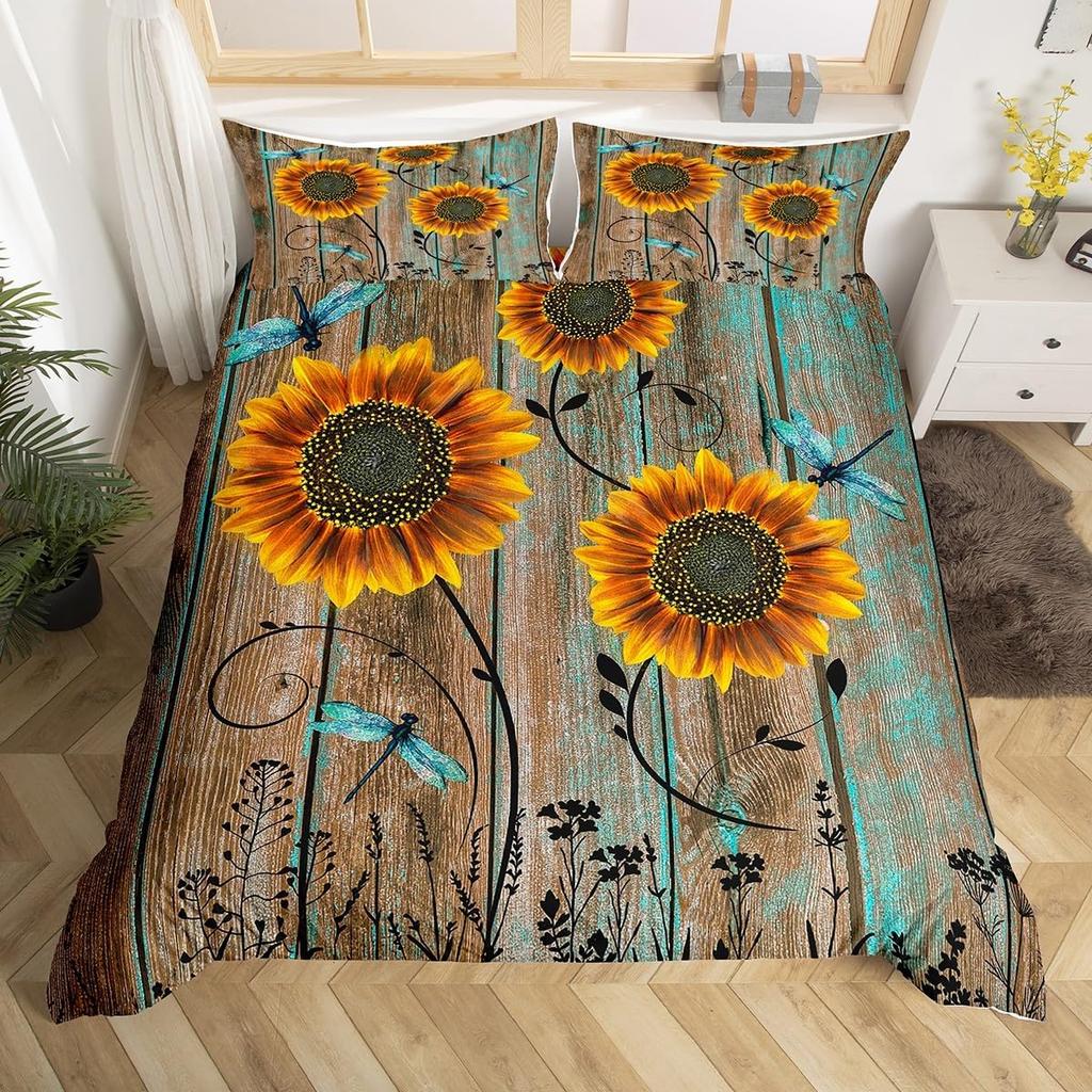 Rustic Farmhouse Bedding Sets Queen Country Butterfly Sunflower Duvet Cover Retro Barn Door Comforter Cover Cabin Lodge Bed Set