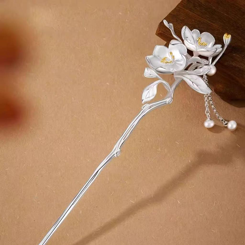 Pure Sterling Silver Begonia Tassel Hairpin - Ancient Hanfu Style Gift