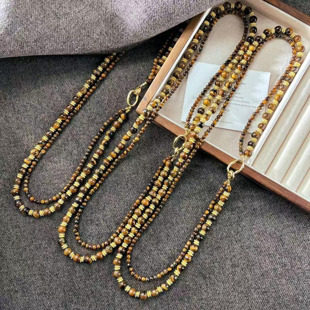 Boutique Vintage Maillard Style Natural Tiger'S Eye Stone Sweater Chain Necklace Clavicle Chain