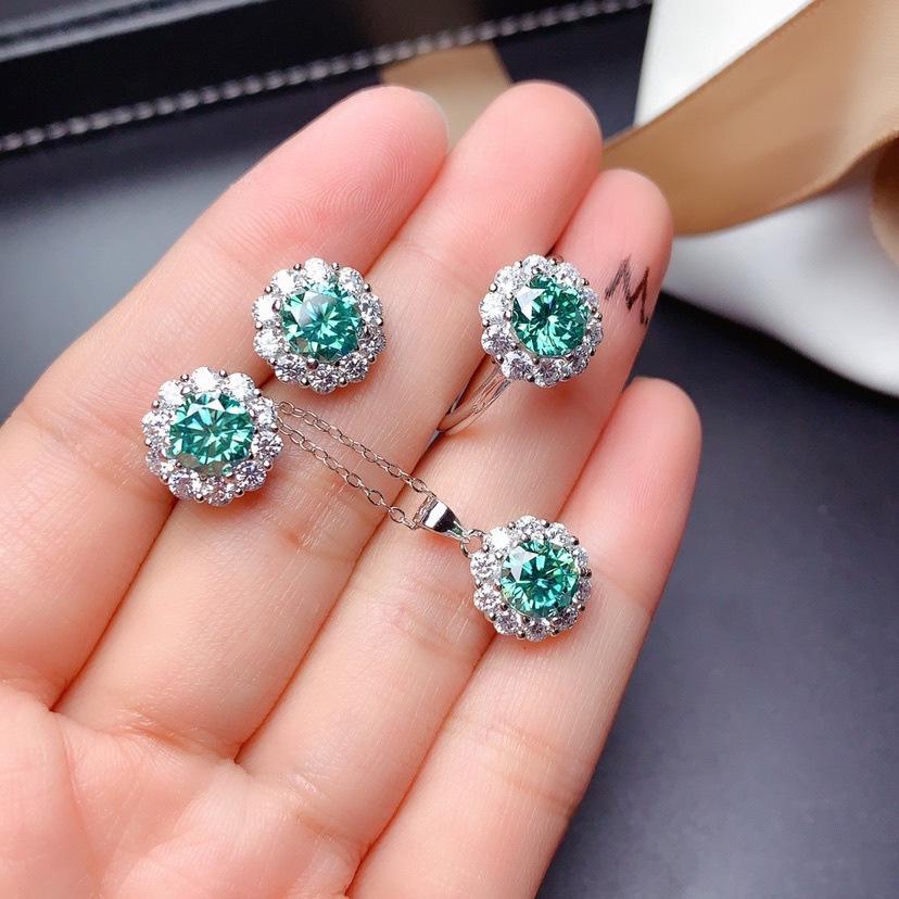 1 Carat Simulated Blue-Green Moissanite Jewelry Set: Open Ring, Necklace Pendant, Stud Earrings with Eight Hearts and Arrows Design In PT950 Plating.