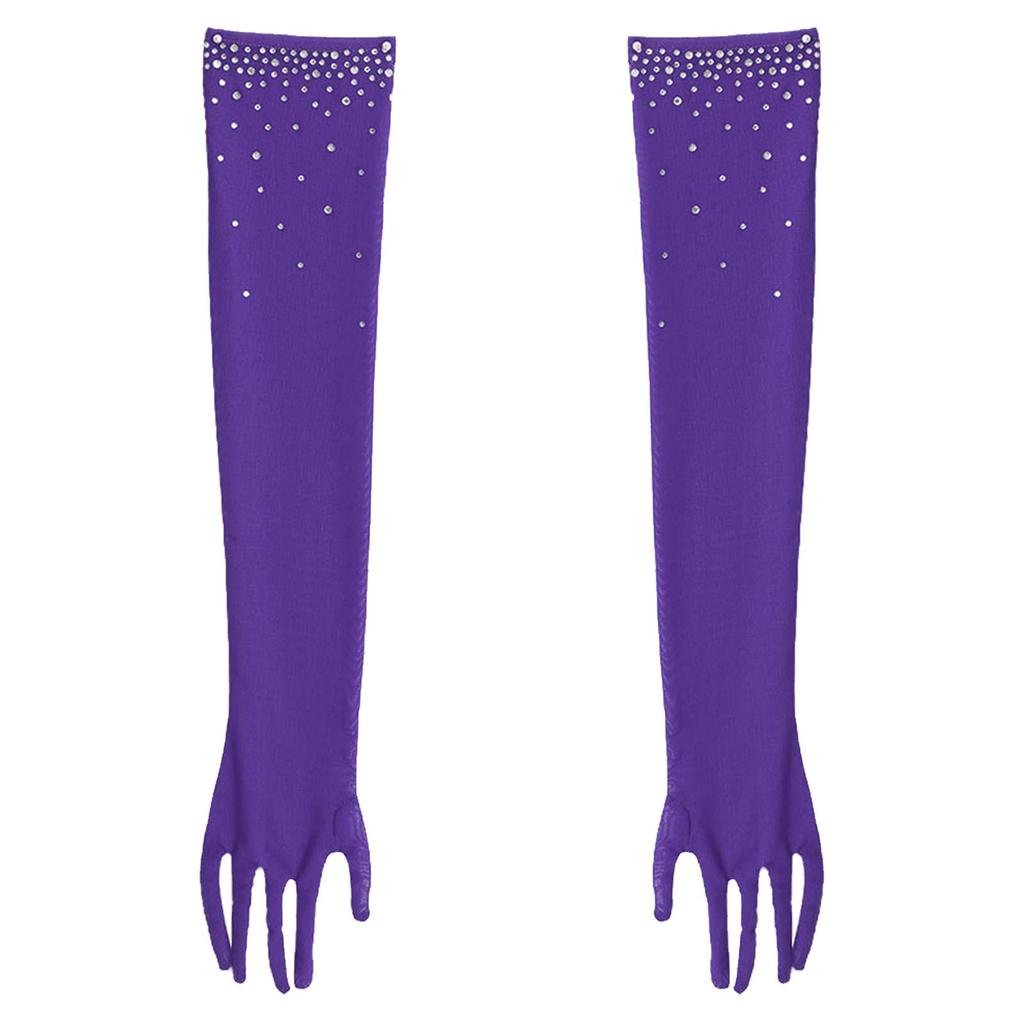 Girls Five Finger Mesh Gloves Glittery Rhinestones Design Full Length Latin Dance Performance Accessories