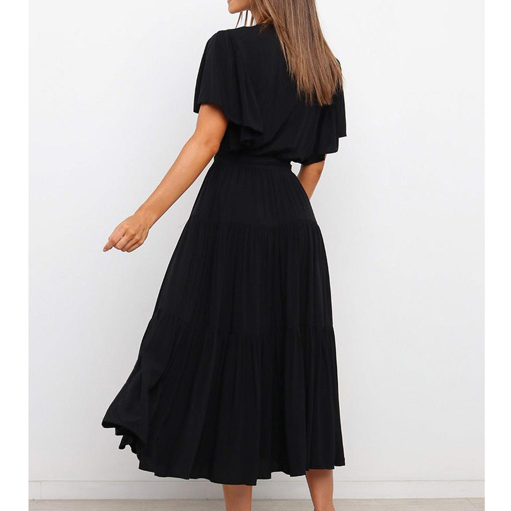 Women's Casual Loose Color V-Neck Short Sleeved Waist Dress Short Sleeved Waist Dress