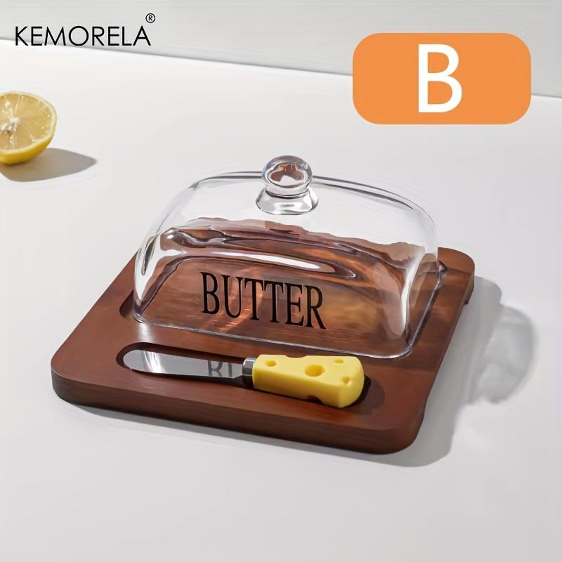 Wood Butter Dish with Glass Lid and Knife Cheese Cake Dessert Storage Plate Countertop Dish Butter Cheese Container