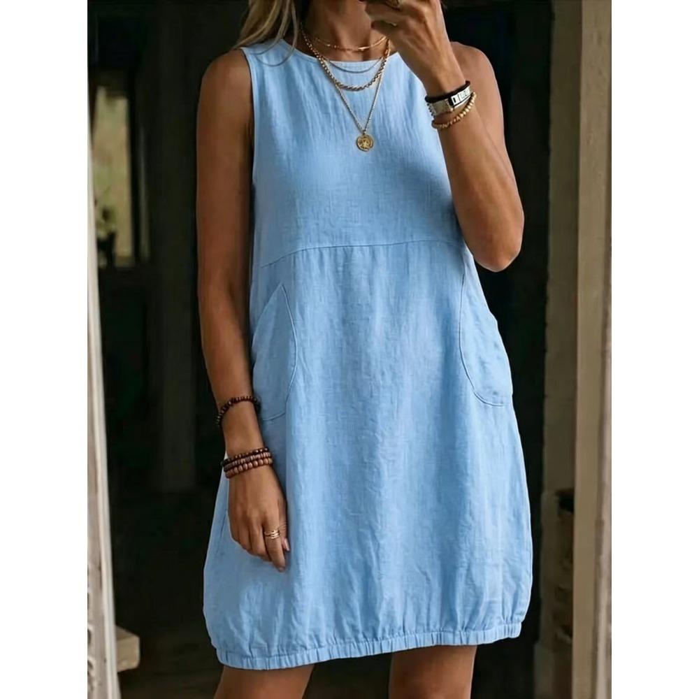 Women's Round Neck Sleeveless Side Pocket Solid Linen Loose Fit Casual Midi Dress
