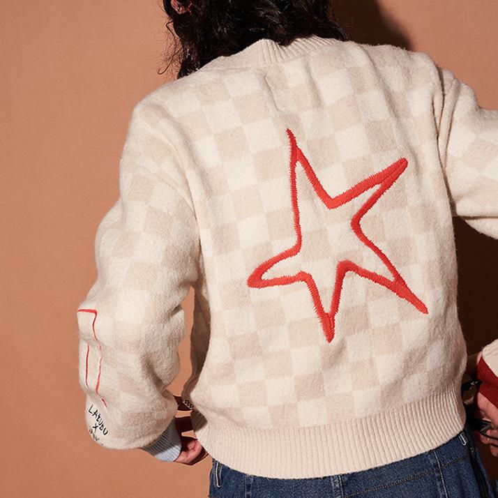 Vans X The Monsters Collaboration Labubu Letter Single-Breasted Casual Long Sleeve Knit Sweater Women sweater Beige Checkered VN000JFEDHI