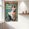 Vintage Teal Retro Cleaning Poster Metal Tin Sign, Pin-up Woman Curly Red Hair Gold Swimsuit Mid-20th Century Advertising Wall D