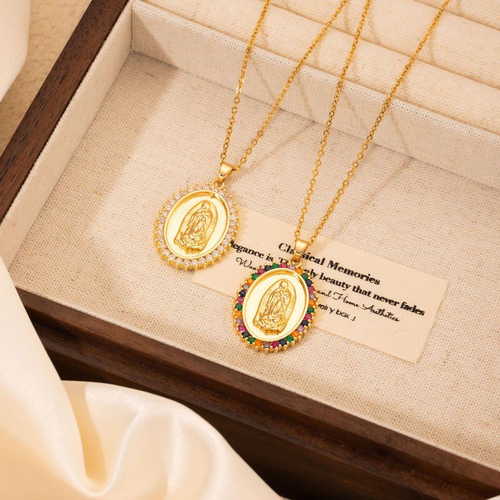 Retro Style European & American Copper Zircon Mary Pendant Necklace