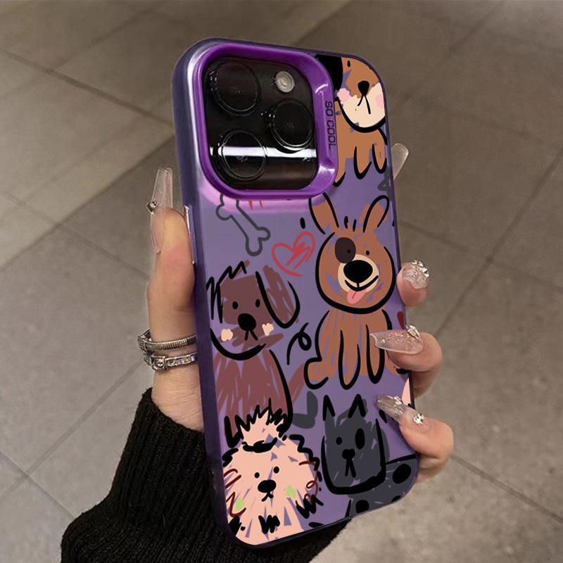 Funny Graffiti Dogs Phone Case For iPhone 15 16 Pro Max 14 13 12 11 X XS XR 7 8 Plus SE 2 3 Electroplate Silver IMD Cute Cover