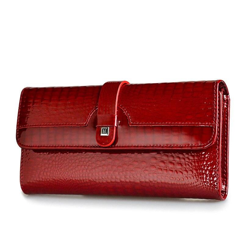 Women Long Wallet Genuine Leather Wallets Red Aligator Pattern Cowhide Purse Three Fold Large Capacity Clutch Wallet Luxury