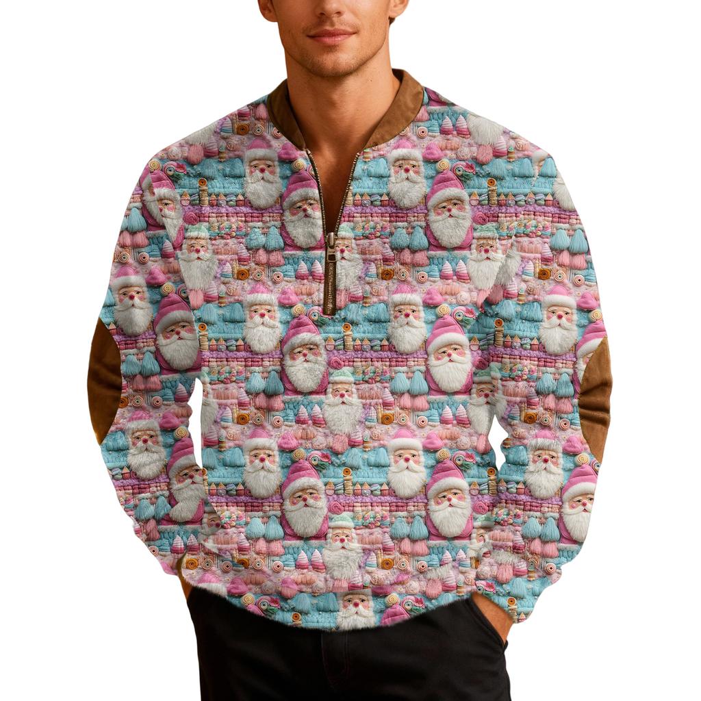 Mens Christmas Zip Up Sweatshirts Xmas Stand Collar Pullover Tops