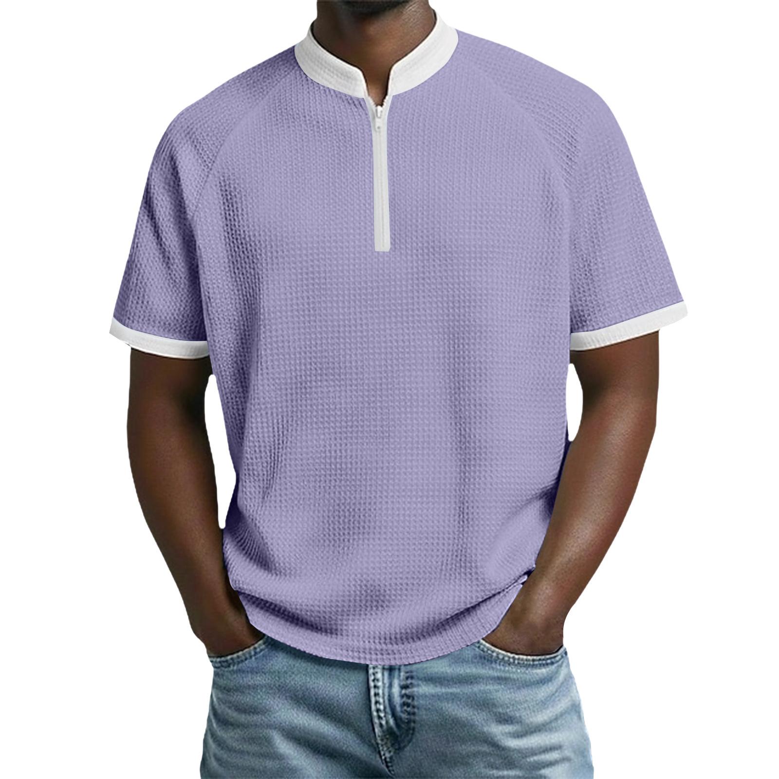 

Men’s Short Sleeve Zip Front Shirt with Trim Casual Stand Collar Top for Everyday Wear XXXL фиолетовый