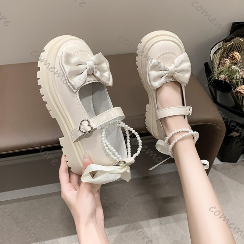 Fashion Comemore Women's Casual Shoes New Kawaii Pearl Chain Mary Jane Women's Shoes Fashion Versatile Lolita Loafers Outdoor Heel Pumps