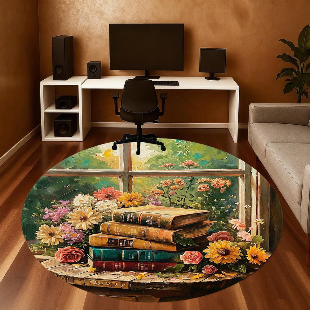 1PC flowers books Office Round Area Rug, Under Office Chairs Bedroom Living Room Home Decor, Carpet for Office -1110042