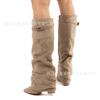 2025 women's shoes pointed straight pleated metal buckle medium long boots large size thick heel trouser tube boots
