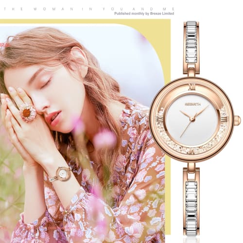 Women's Crystal Bracelet Bangle Watch with Analog Display, Diamonds, Roman Alphabet, and Sparkling Design. Cute, Stylish, and Simple Rose Gold Fashion