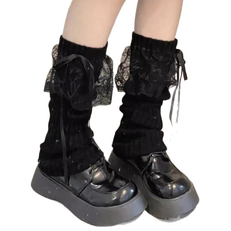 Ladies Autumn New Warm Thermal Storage Lace Knitted Ribbon Bow in The Tube Pile Stocking