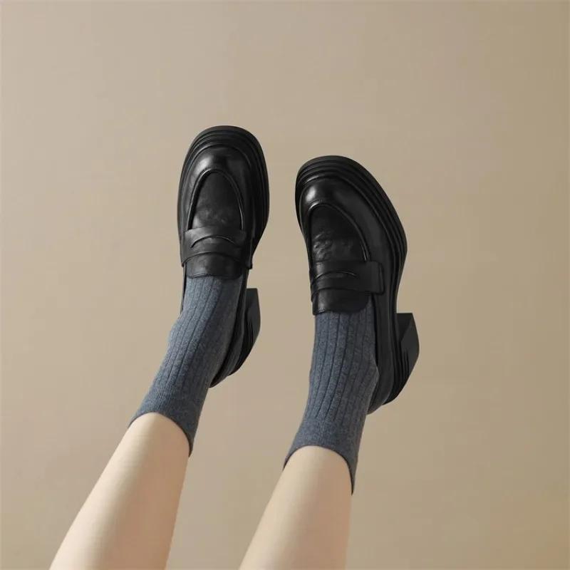 Kadın Deri Platform Loafer'lar Moda Slip on Kalın Ayakkabılar Retro Stil Kadın Ofis Pompaları Mokasenler Kadın Mary Jane Ayakkabılar