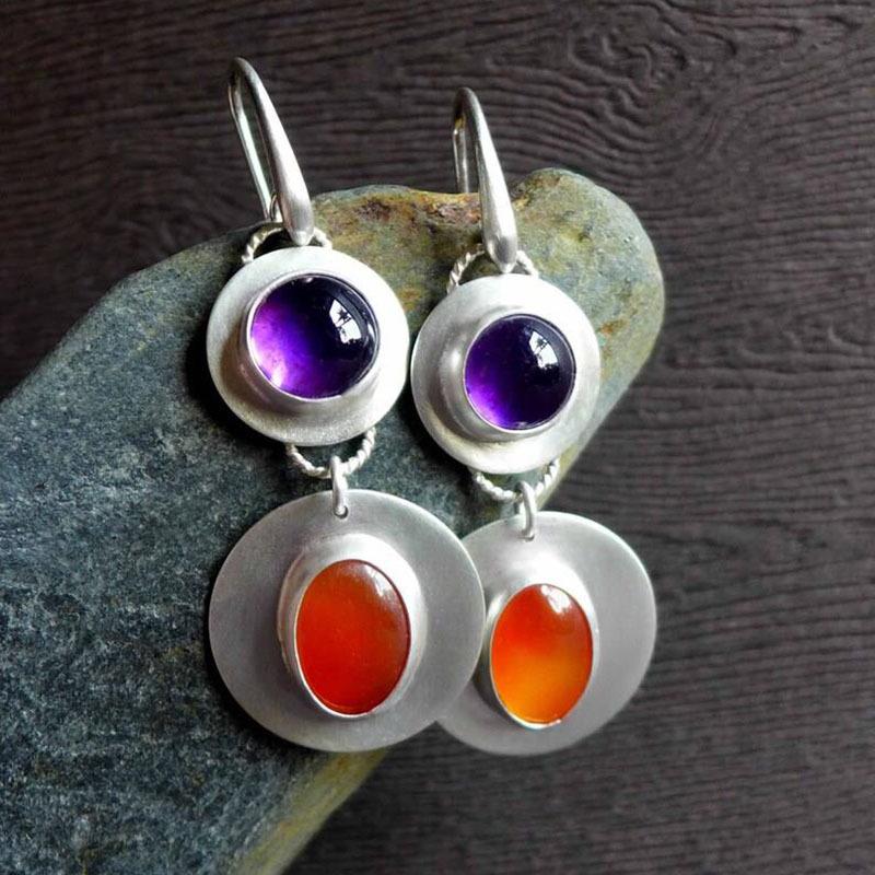 2023 New Fashion Purple Round Resin Hook Earrings Ladies Wedding Party  Silver Color Red Orange Stone Earring Gifts