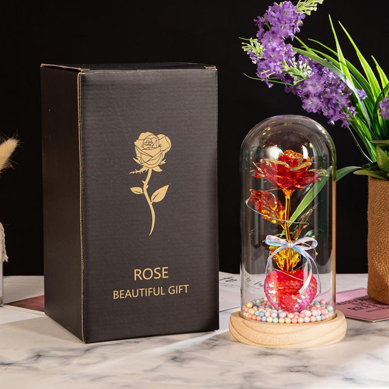 Love glass cover gold leaf flower ornament, creative mother's Valentine's Day gift, luminous simulated rose bouquet