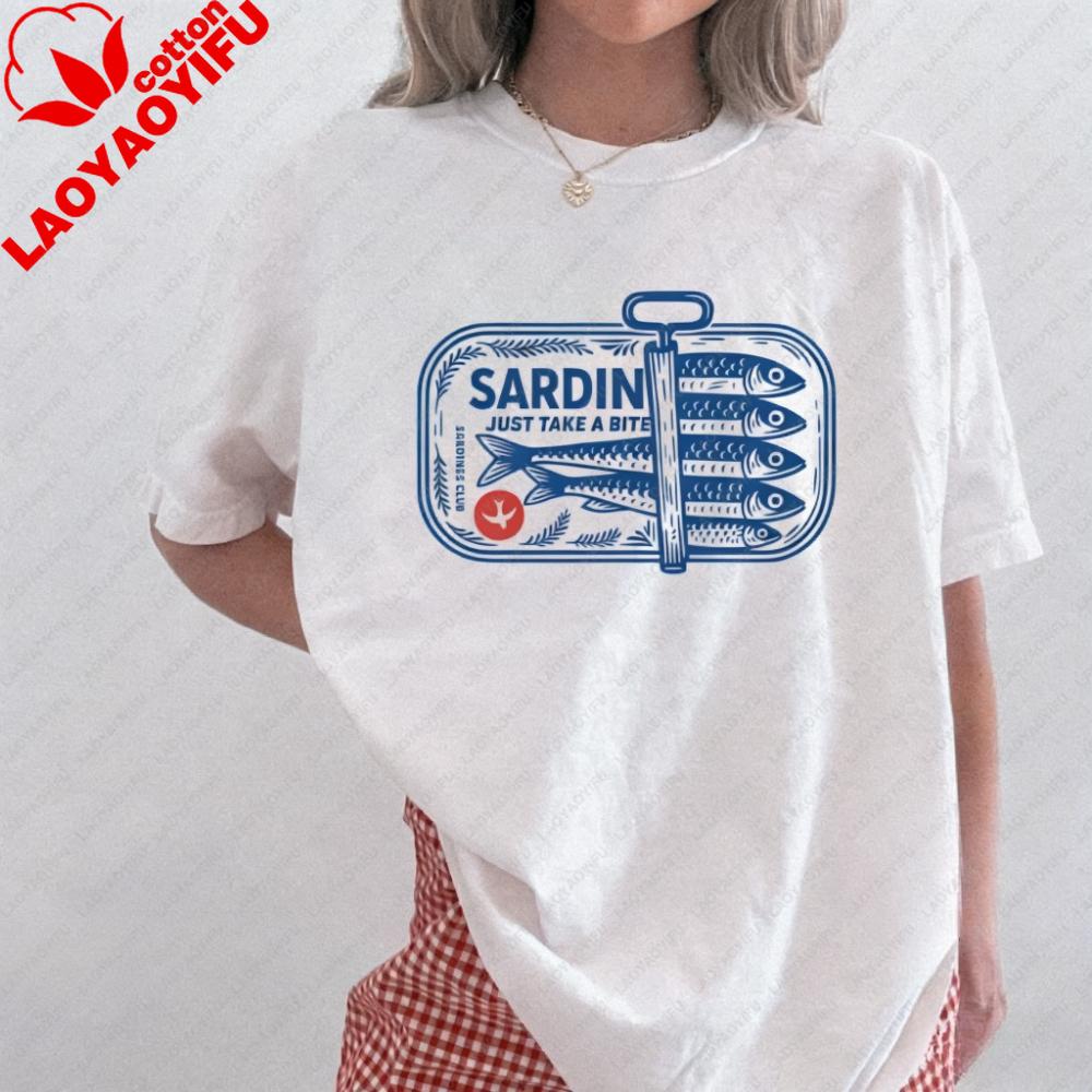 Vintage Sardines Cotton TShirt Retro Fish Tattoo Graphic Tee for Unisex Women Trendy Aesthetic Top Funny Unisex Tee Foodie Shirt