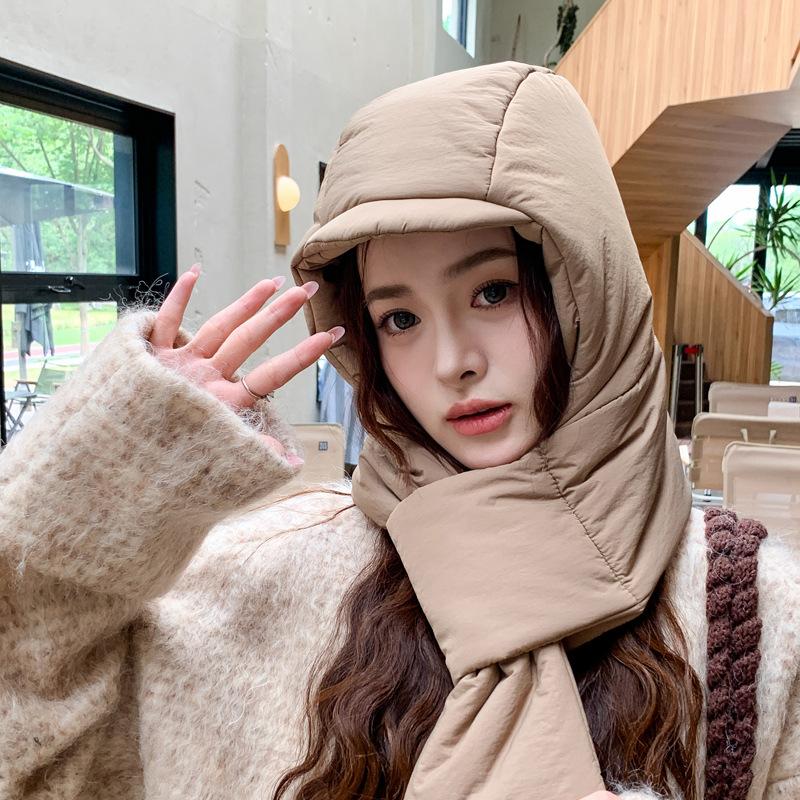 New Winter Hat Scarf Integrated Cold proof Thick Down Hat Riding Ear Protection Hat Northeast Warmth Lei Feng Hat Women