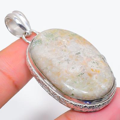 Natürlicher Fossilkorallen Edelstein Handgefertigter 925 Sterling Silber Anhänger 2,17" q4d92