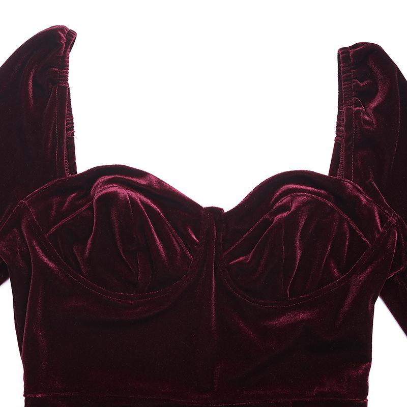 Burgundy Velvet Midi Dress Square Neck Long Sleeve Side Slit Elegant Wine Red Velour Gown Autumn Winter Vintage Evening Party Formal Cocktail Dress