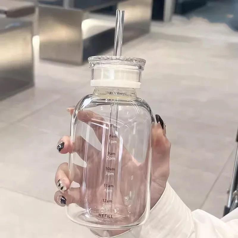 300-750ml Double Lid Water Bottle High Borosilicate Glass Water Cup with Straw Korean Portable Milk Juice Cup with Time Marker