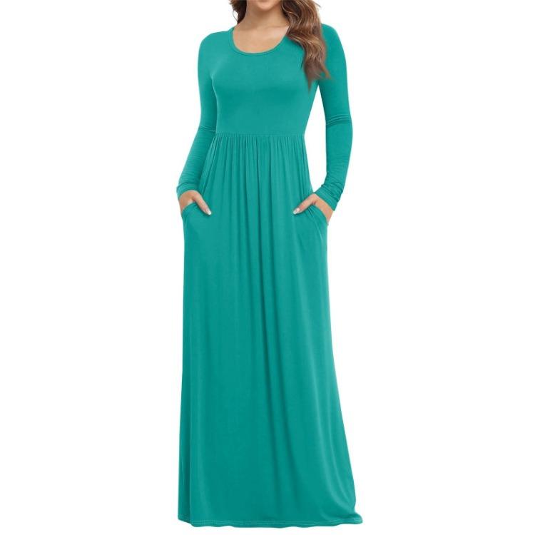 Extra Long Dress with Pockets Women Casual Solid Color Round Neck Long Sleeve Fashion S