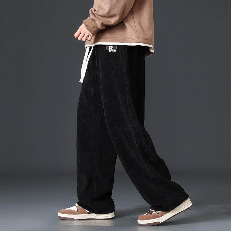 

Men s Corduroy Wide Leg Pants Casual Letter Patch Drawstring Waist Streetwear Bottoms M чорний