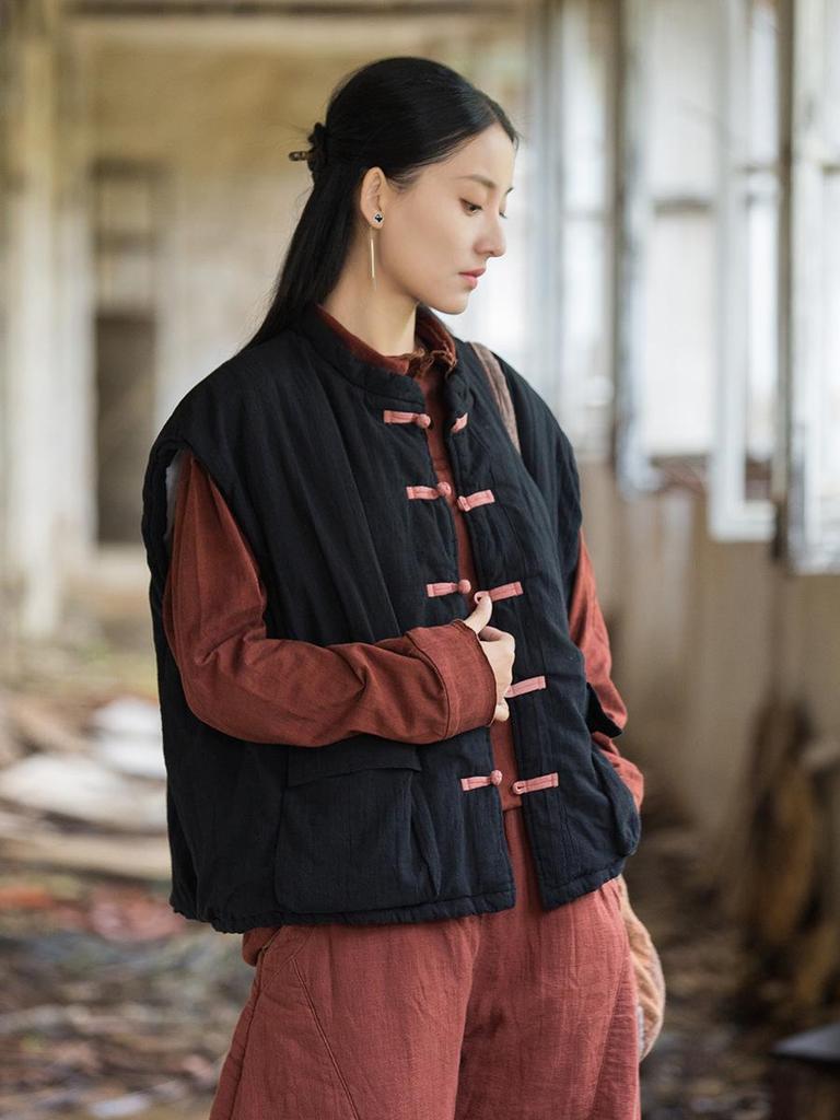Women's Winter Quilted Cotton Vest with Frog Button - Chinese Style