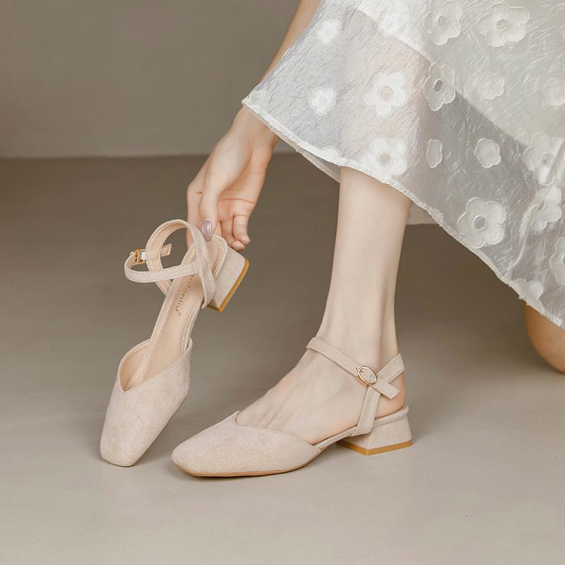 Fashion suede leather low heel sandals women square toe back strap gladiator sandalias mujer cutout summer shoes woman slingback mules