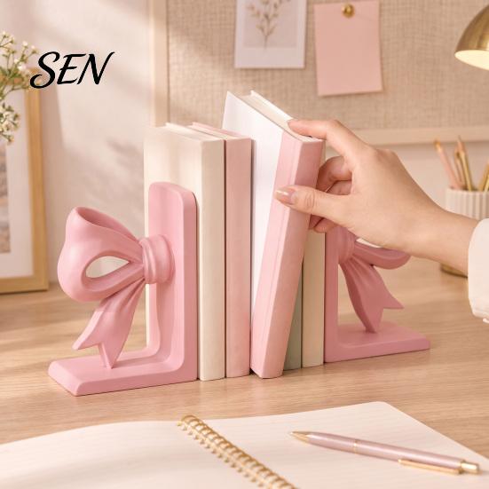 Practical Gifts for Readers 2Pcs/Set 3D Printed Pink Bow Bookends Shelves, Decorative L-Shaped Book Stoppers Home Artistic Shelf Decor Office Desktop