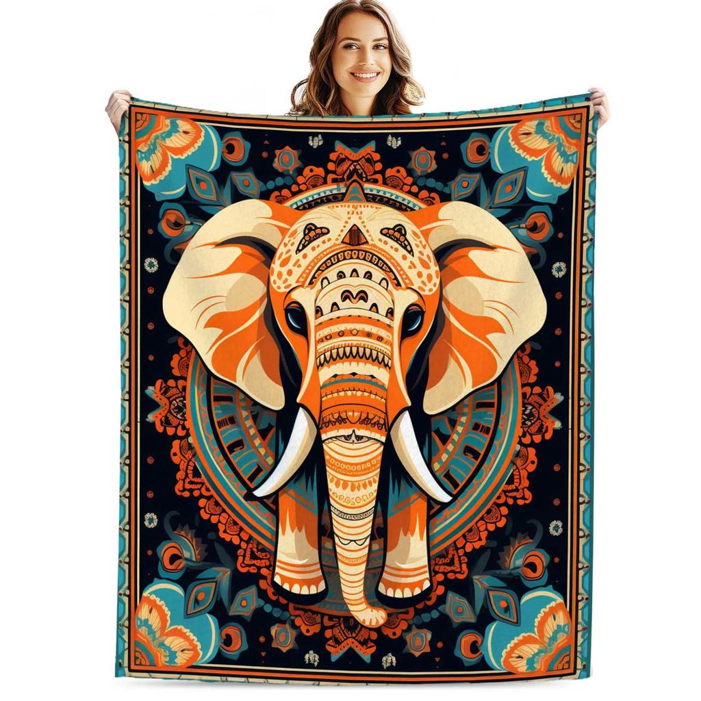 VIKAMA Indian Ethnic Pattern Elephant Fleece Blanket for Boho Apartment Bohemian Room Decor,Couch Cover Birthday Present