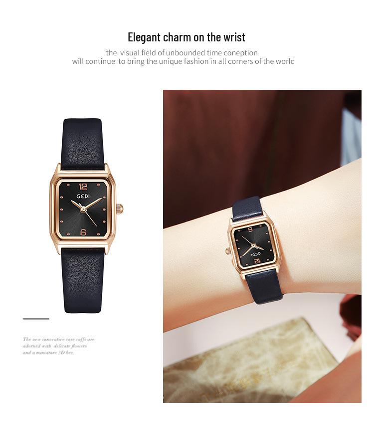 Gedi Women's Square Dial Leather Strap Quartz Waterproof Watch