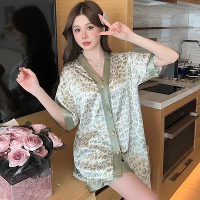 Women Plus Size Pajamas Short-Sleeved Shorts Ice Silk Summer Breathable V-Neck Cardigan Printed Student Loungewear Two-Piece Se