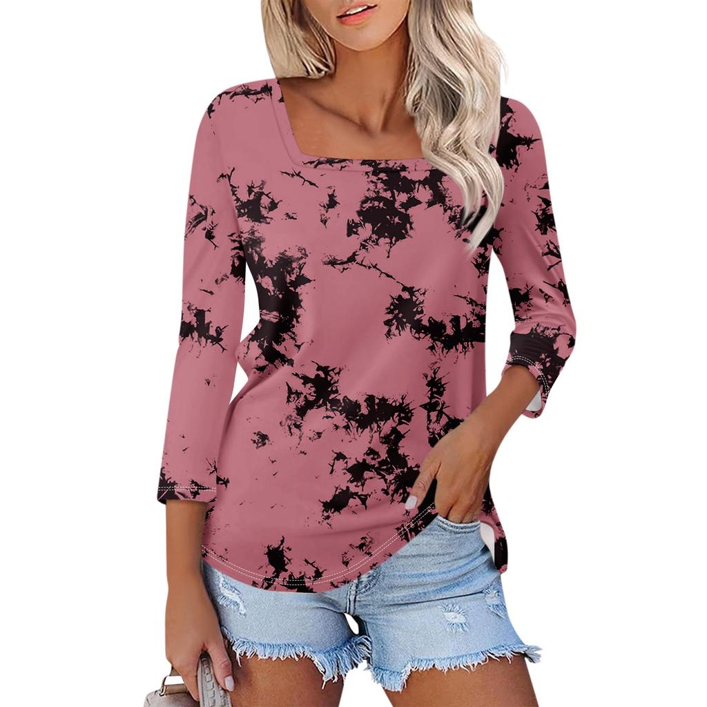 Women's 3/4 Sleeve Square Neck Floral Shirt Casual Loose Tunic Top