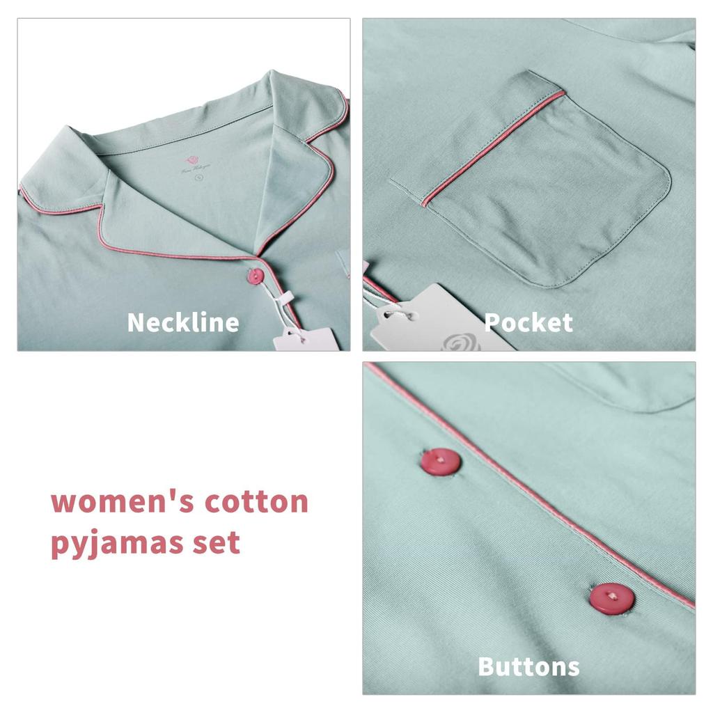 Rose Halcyon Pajama Breathable Long Solid Cute for and Winter Size Loungewear, Two-Piece Set, Open-Front, Comfortable, Cotton, Sleeves, Pants, Green,