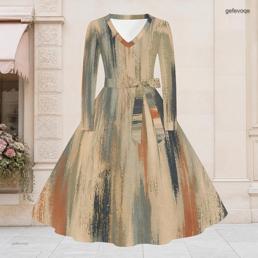 Women Plus Size V Neck Long Sleeve Printed A Line Flared Midi Dress With Belt