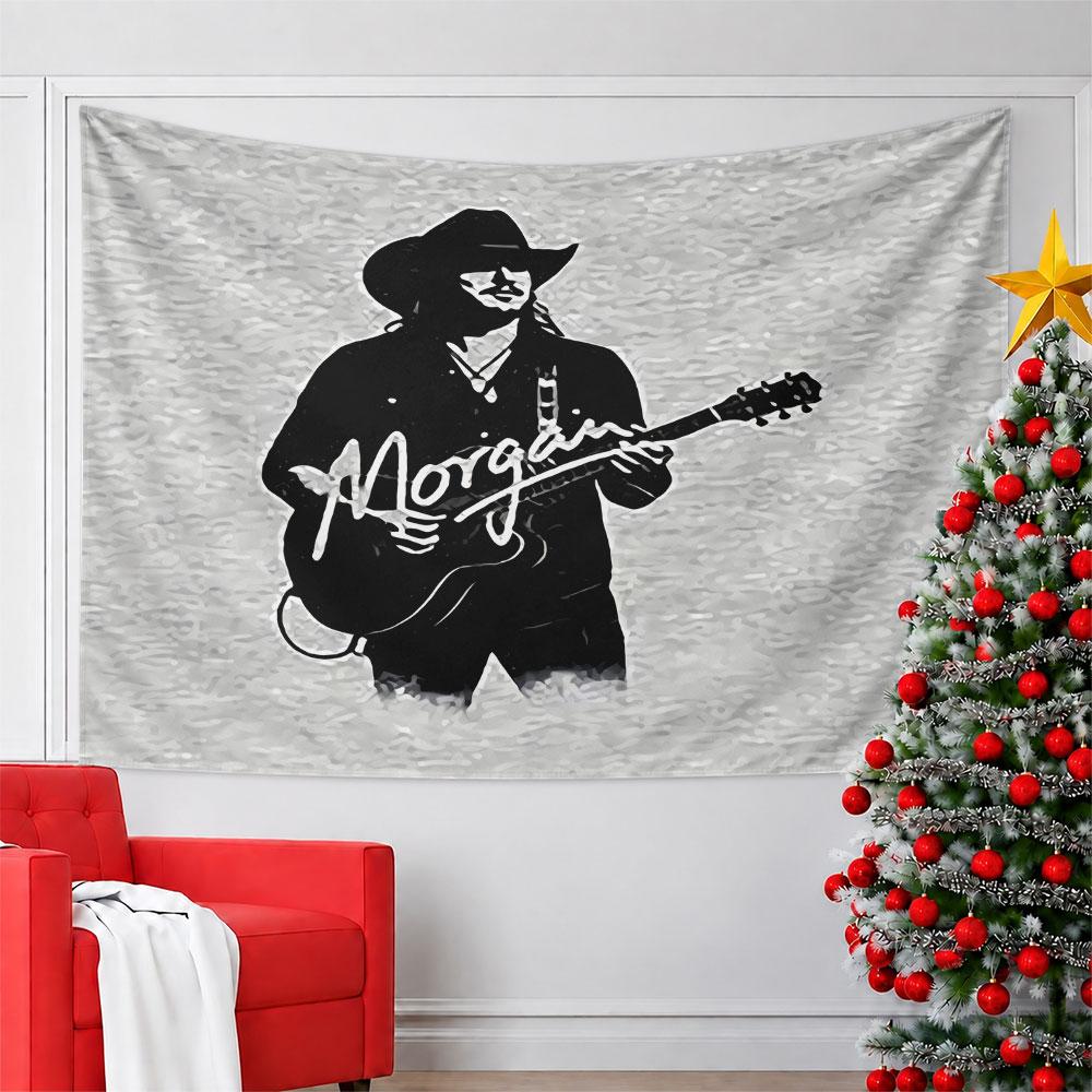A black silhouette of a musician with a guitar, hat, and "Morgan" text. Patterned tapestry for bedroom and living room home decor