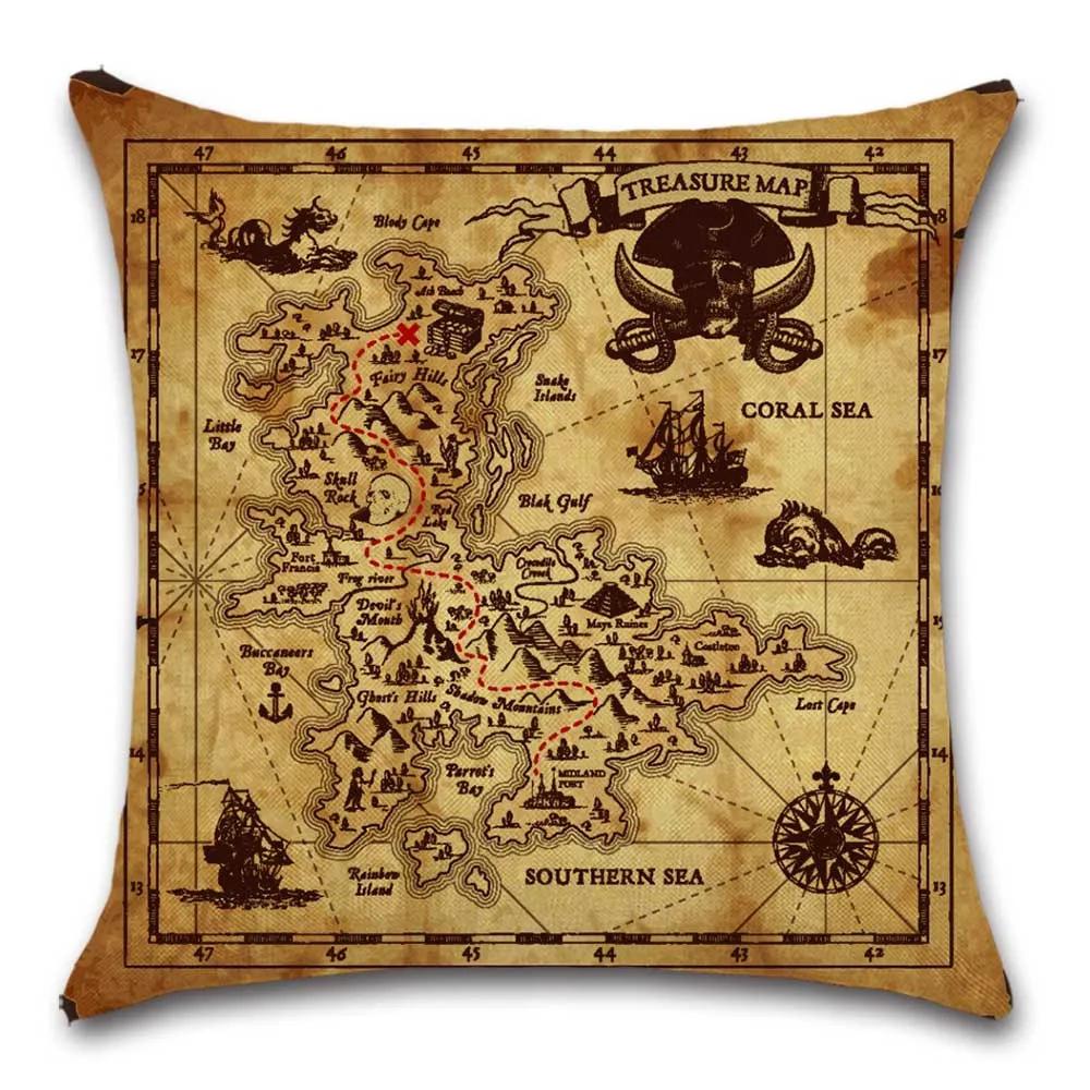 Pirate Treasure Map Magnifier Print Decorative Cushion Cover Polyester Throw Pillow Cover Bedside Cushion Pillowcase 45X45Cm