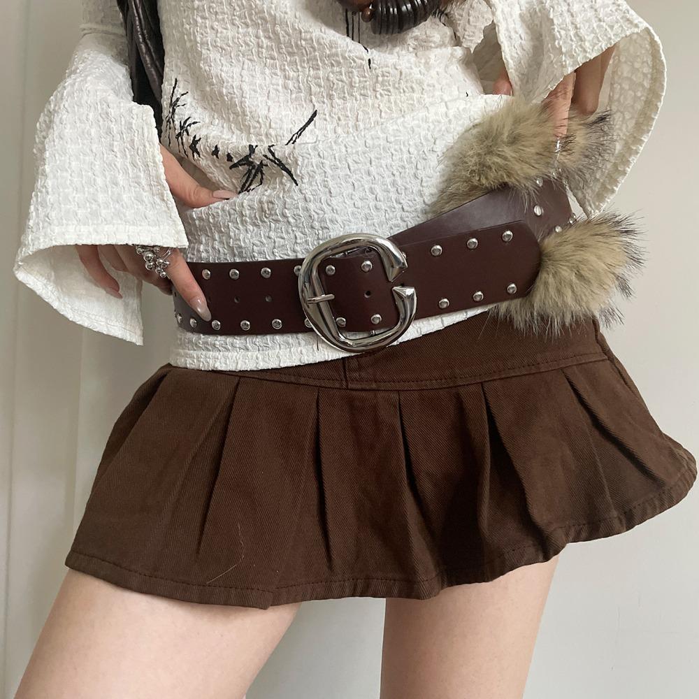 Rivet Leather Fur Belt Faux Fur Plush Belt Vintage Y2K Waistband  Daily