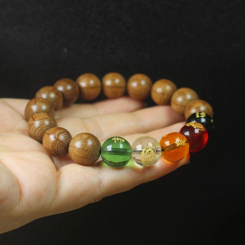 12mm Old Six-Ridge Wood Bracelet Five Way God of Wealth Carving