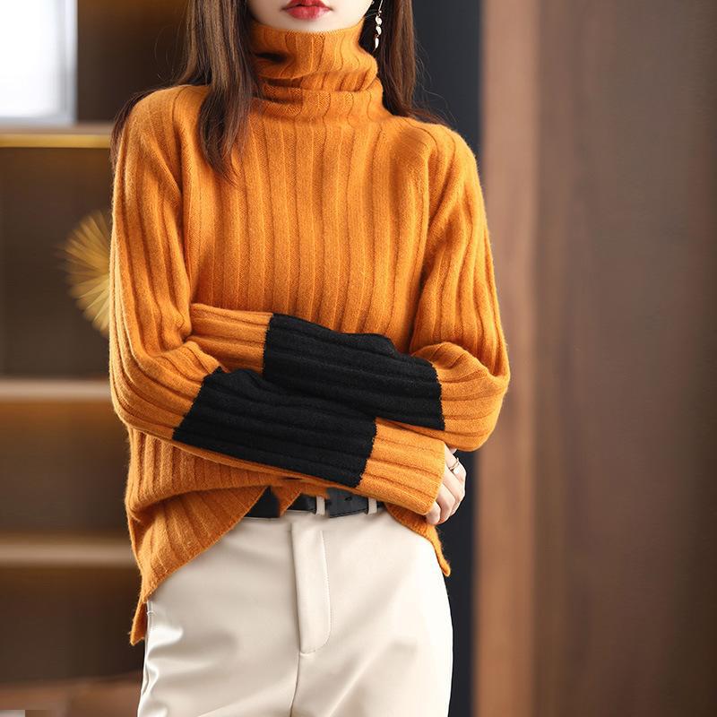 Lazy Wind High Neck Pit Stripes Черный свитер для женщин осень-зима Внутренний свободный утолщенный открытый низ вязаный свитер удобный и универсальный one size оранжевый