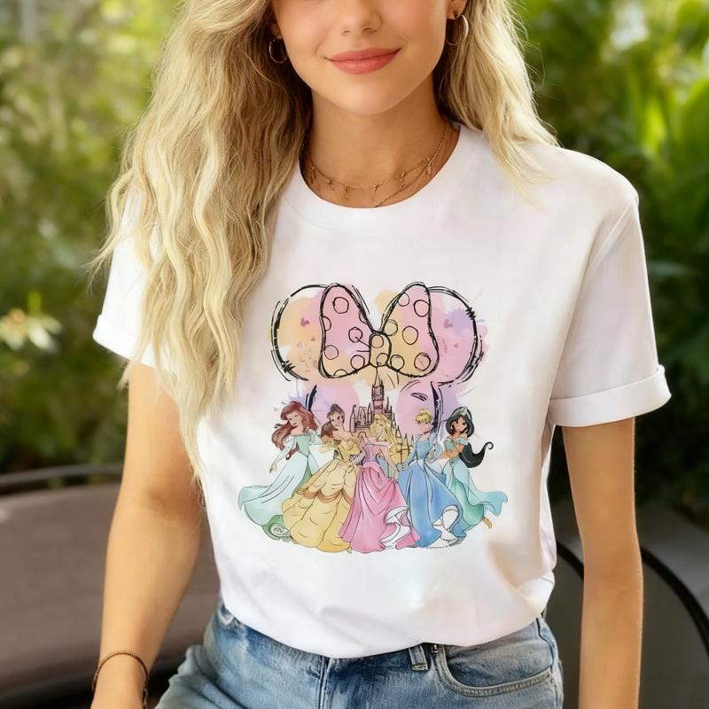 Fashion Cartoon Princess Printed T Shirt Watercolor Magic Castle Princess Women T Shirt Short Sleeves Crew Neck FeUnisex Clothes