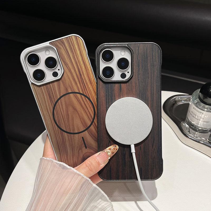 Magsafe Magnetic Luxury Wood Grain Not Border Shockproof Phone Case For iPhone 16 Pro Max 14 12 13 15 Pro Max Bumper Back Cover