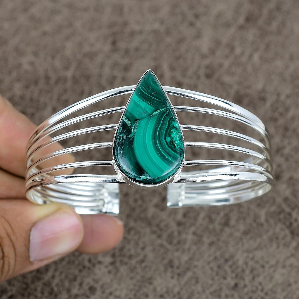 Malachite Gemstone Handmade 925 Sterling Silver Cuff Bangle Adjustable KKG-173