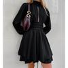 European and American Chiffon New High Neck Long Sleeve High Waist A-Line Dress Fashion Short Dress for Women
